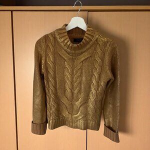 Rachel Roy Metallic Gold Cable Knit Sweater Small Shiny Pullover Mock Neck
